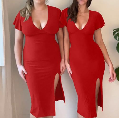 Image of LAGSHIAN Women's Plus Size Sexy Bodycon V Neck Ruffle Short Sleeve Split Hem Midi Pencil Dress Red