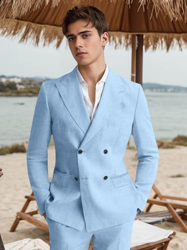 Mens Suits Linen 2 Piece Suit for Men Peak Lapel Slim Fit Suits Set Double Breasted Tuxedo for Men2