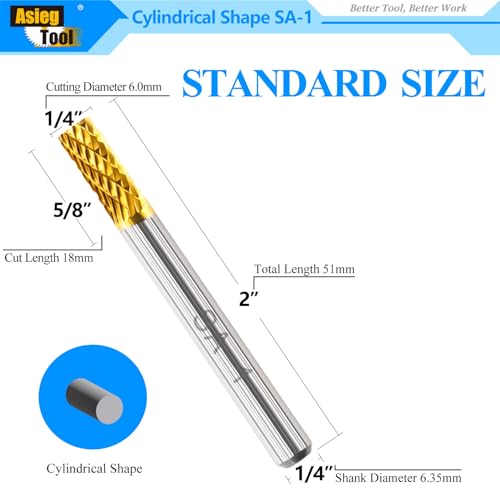 Image of SA-1 5pcs Solid Tungsten Carbide Burr TiN Rotary File Cylindrical Shape Double Cut for Die Grinder Drill Bits 1 /4'' Inch Diameter of Shank and Cutter 5 /8'' Inch Cutter Length