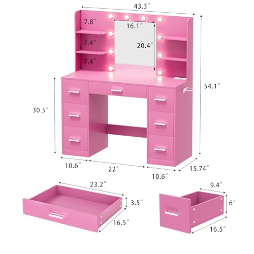 Image of Furmax Vanity Desk with Mirror, LED Lights and Power Outlet Makeup Vanity Table with 7 Drawers and 6 Storage Shelves Dressing Table for Bedroom Dressing Room (Pink)