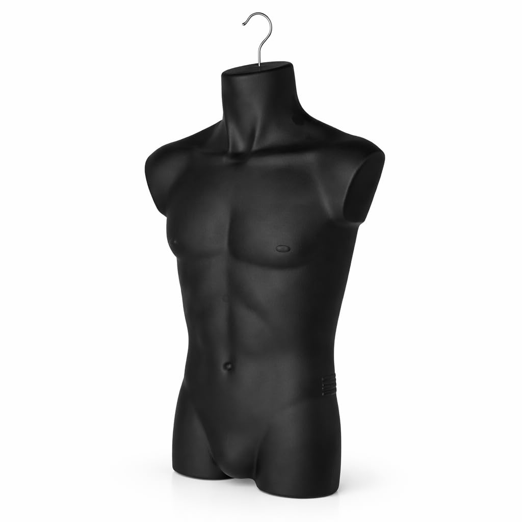 1 torso masculino – torso para hombre realista de plástico – 77 cm parte superior del cuerpo semiplástico en color negro – Busto de maniquí – media carcasa para hombre – Maniquí con gancho – 1 pieza