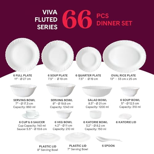 Image of Larah by Borosil Viva Fluted Series Opalware Dinner Set | 66 Pieces for Family of 6 | Microwave & Dishwasher Safe | Bone-Ash Free | Crockery Set for Dining & Gifting | Plates & Bowls | White
