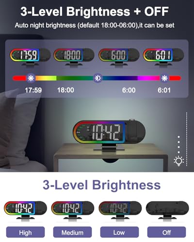 Projection Alarm Clock for Bedroom Ceiling, 8.5" Large Display Alarm Clock with 180° Rotatable Projector, 4 Brightness, 17 Ambient Light, Temp & Weekday, Snooze, Digital Clocks for Home Decor - Image 4