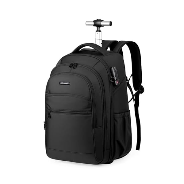 Rolling Backpack, 17 inch Laptop Backpack with Wheels, Carry on Luggage Business Bag with USB Charging Port, Combination Lock, Travel Roller Backpack
