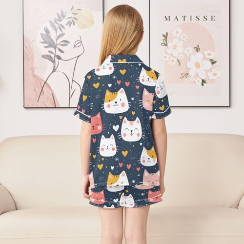 ALAZA Cat Love Heart Black Satin Pajamas Set Short Sleeve Button Down Sleepwear Summer Pjs 2 Piece4