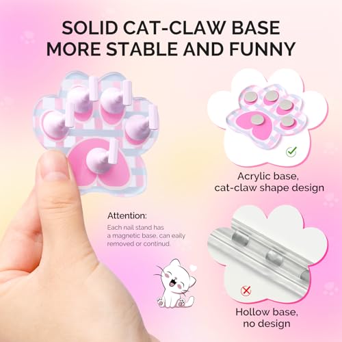 Image of MelodySusie Update Nail Stand for Press Ons, Cute Cat Claw Magnetic Base for Painting Display Holder with Reusable Double-Sided Tape for Home DIY Salon Supplies, Rose Pink