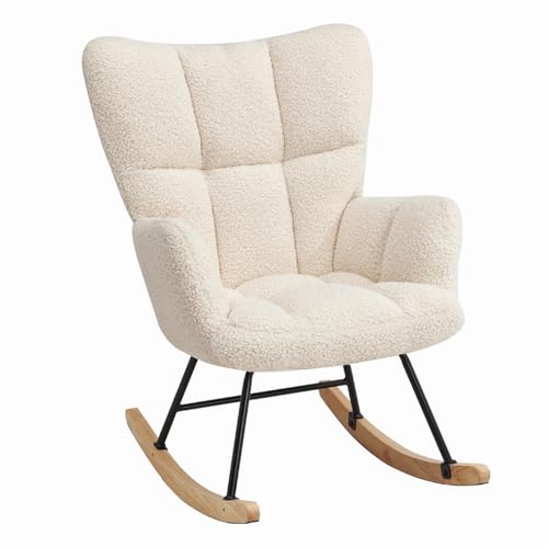 HaiYiZuhause Schaukelstuhl, Moderner Sessel mit hoher Rückenlehne, Weicher Relaxstuhl & Stillsessel für Wohnzimmer, Schlafzimmer, Babyzimmer & Leseraum, Schaukelstuhl für Innen (Beige)
