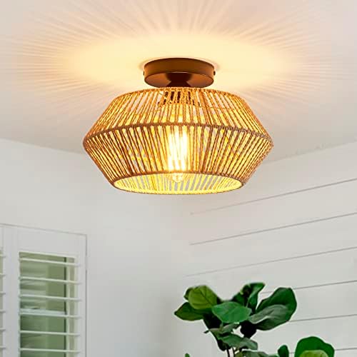 BUXVRCS Rattan Ceiling Light Fixtures, Boho Flush Mount Ceiling Light, Hand-Woven Cage Shade Mini Chandelier for Bedroom Hallway Kitchen Entryway Farmhouse E26 Base