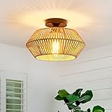 BUXVRCS Rattan Ceiling Light Fixtures, Boho Flush Mount Ceiling Light, Hand-Woven Cage Shade Mini Ch