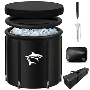 Lambluefly IJsbad ton met koelsysteem (80 cm Ø) XL, ijston ijsbad met 8 roestvrijstalen stangen, sporttas/thermometer/hitteschild/stofafdekking – complete set, ijsvat ijsbaden voor cryotherapie