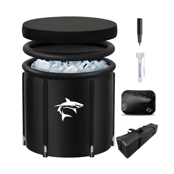 Lambluefly IJsbad ton met koelsysteem (80 cm Ø) XL, ijston ijsbad met 8 roestvrijstalen stangen, sporttas/thermometer/hitteschild/stofafdekking – complete set, ijsvat ijsbaden voor cryotherapie