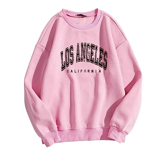 Sudadera Mujer Baggy Los Ángeles Letras Estampado Jersey Oversized Manga Larga Cuello Redondo Básico Suelto Tops Sin Capucha Adolescentes Niñas Suéter Vintage Aesthetic Tops Camisas, 03-rosa, M