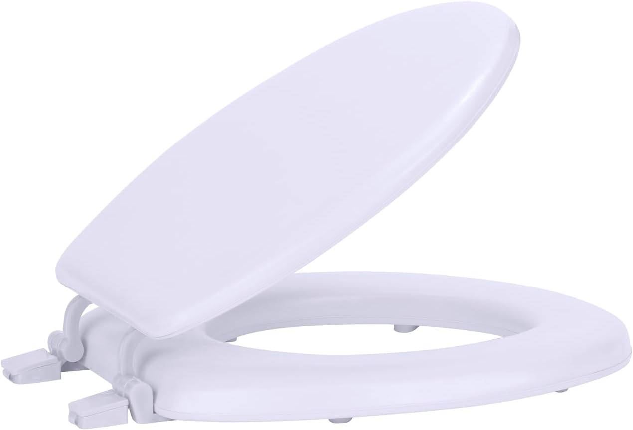 PowerSellerUSA Adjustable Hinges Round Toilet Seat, Wood Toilet Seats with Non Slip Grip Tight Bumpers, Standard Heavy Duty Wooden Bathroom Toilet Seat Close Lid Set, Pink