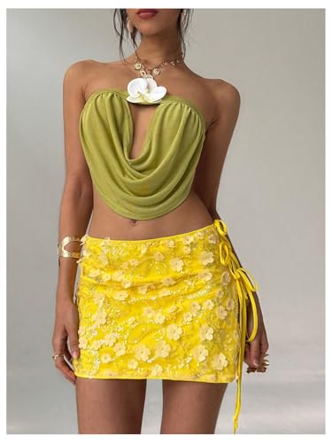 MakeMeChic Women's Mesh 3D Floral Mini Skirt Low Waist Sequin Tie Side Summer Skirts4