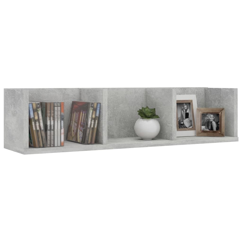 Mensola da parete per CD, grigio cemento, 75 x 18 x 18 cm, in robusto legno con tre scomparti aperti per CD, DVD, dischi in vinile e accessori, soluzione di archiviazione, raccolta musicale