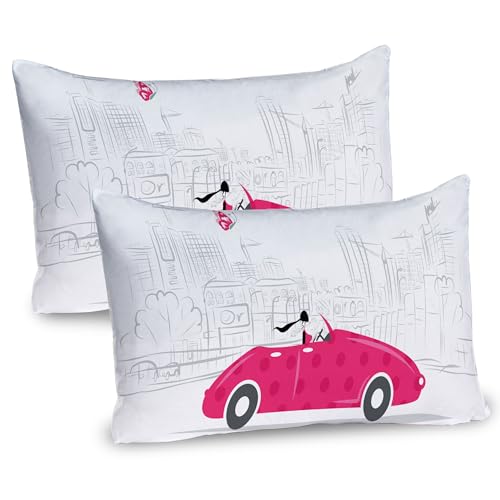 Ambesonne Cars Pillow Sham Set of 2, Woman Driving Pink Vintage Car Sketchy Cityscape and Butterfly Girls Cartoon, Quality Microfiber Bedding Item for All Seasons, 30