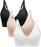 Angelhood Wireless Front Closure Bras for Women, No Underwire Push Up Bra, Snap Closing Padded Bralette for Older Women, Compression Mastectomy Bras with Adjustable Straps Black White Beige