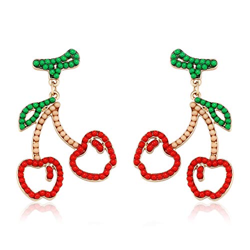 Seni Bead Drop Earrings Bohemian Cherry Bead Earrings Handmade Beaded Dangle Studs Earrings for Women Girls Cherry Fruit Jewelry (cherry)