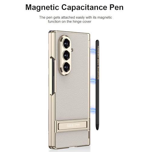 Image of Midkart Magnetic Cover Compatible with Samsung Galaxy Z Fold 7 Release 2025 with Pen Holder and Pen Hinge Protection Kickstand Electroplated Camera Protection, Beige & Gold