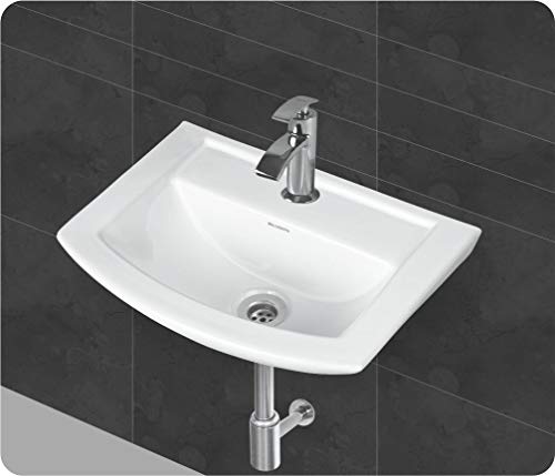 Image of Wash Basin Wall Hung Mounted Glossy Finish White Sink for Bathroom, White 18 x 13 x 6 Inch