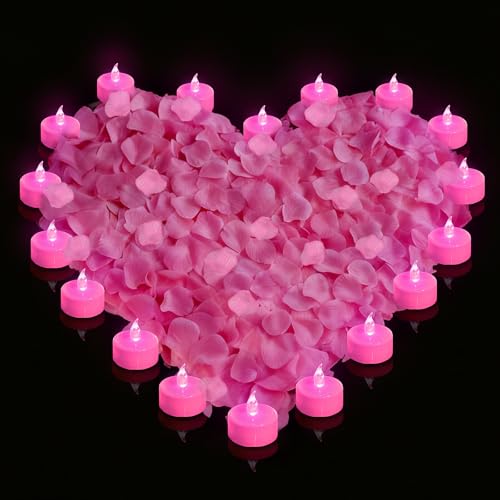 500Pcs Rose Petals with 12 LED Tea Lights Candles Set, Pink Artificial Rose Petals and Pink Flameless Candles Set for Anniversary, Valentine's Day, Christmas Wedding Decor