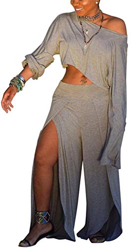 Womens One Off Shoulder 2 Piece Loose Set Long Sleeve Crop Top+ Elastic Waist Slit Long Pants Solid Outfits Jumpsuit Rompers