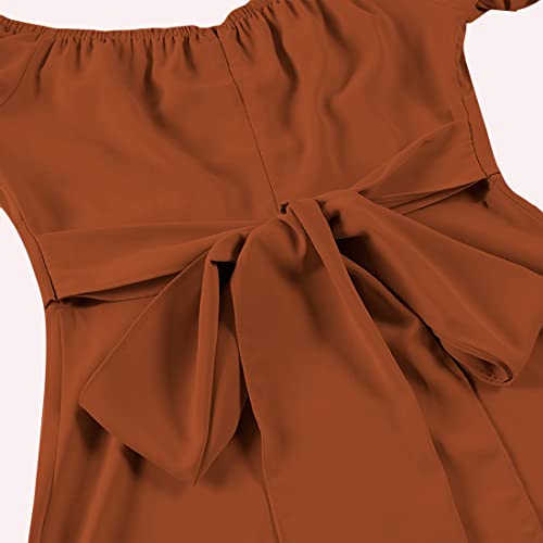 Image of LYANER Women's Off Shoulder Wrap Ruffle Puff Short Sleeve Ruched Tie Back Dress
