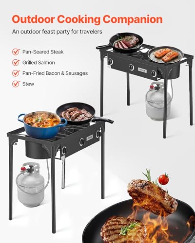 Image of VEVOR 3 Burner Outdoor Propane Gas Stove, 225,000 BTU Propane LPG Gas Camping Stove, Heavy-duty Carbon Steel Outdoor Cooker, with Shield & Tall Stand & Regulator, for BBQ Camp Home Patio Backyard