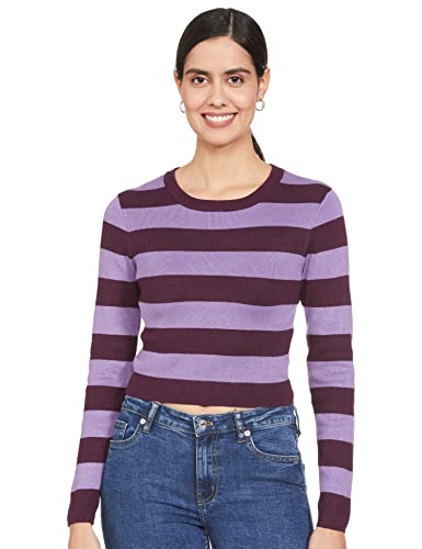 Image of Max Women Regular Fit Colourblock Full Sleeves Knitted Crop Top