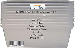 ShaniTech Pack of 10 Food Containers with Lids Heavy Duty Microwave & Freezer Safe Plastic Box Container (500ML)