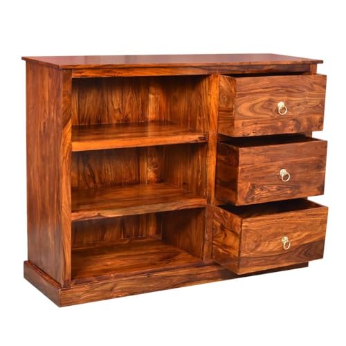 Image of Solid Wooden Book Shelf | Bookcase | Storage Cabinet for Living Room, Bedroom, Hotel & Home, Honey Finish, (L 115 x D 40 x H 105 cms)