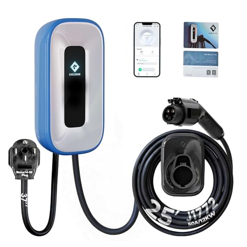 EVCUBNB EV Charger Level 2，50 Amp/240V Charge Station, Indoor/Outdoor EVSE, 25Ft Cable Level 2 ev Charger, WiFi/APP/RFID/Bluetooth (NEMA14-50 Plug or Hardwired)
