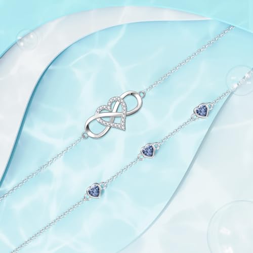 Image of Dorunmo 925 Sterling Silver Infinity Heart Birthstone Anklet Bracelets for Women Best Mother's Day Birthday Jewelry for Wife Girlfriend Mom Her
