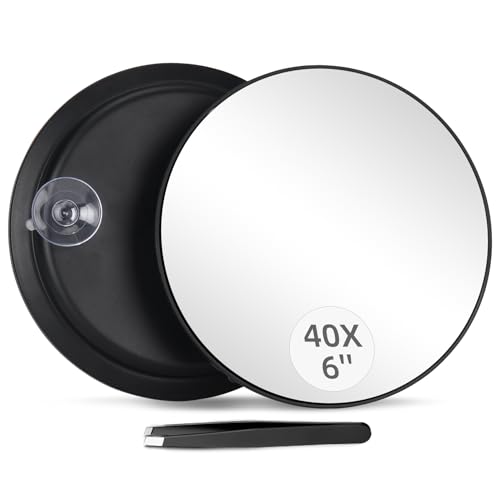 40X Magnifying Mirror with 3 Suction Cups, Magnified Makeup Mirror and Tweezers Set, Portable 6inch Travel Makeup Mirror with 40X Powerful+ Magnification for Makeup, Shaving, Blackhead Blemish Removal