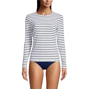 Lands' End Women's Sunshade UPF 50 Long Sleeve Relaxed Rash Guard XX-Small Petite White/Deep Sea Stripe
