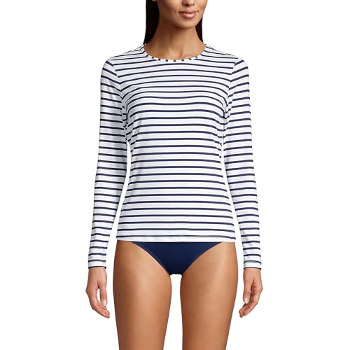 Lands' End Women's Sunshade UPF 50 Long Sleeve Relaxed Rash Guard XX-Small Petite White/Deep Sea Stripe