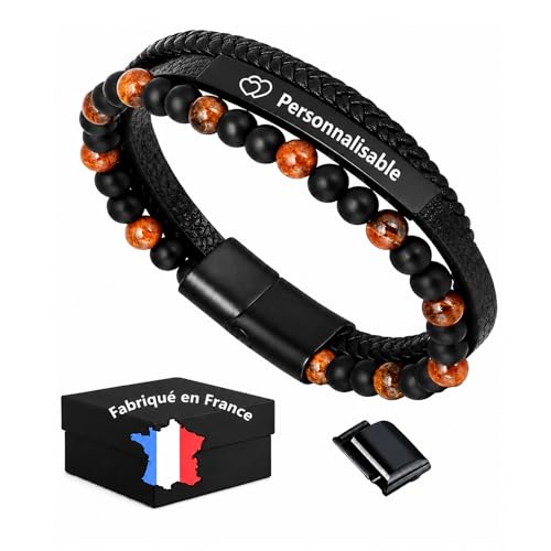 Bracelet Homme Personnalisé – Bracelet en cuir tressé noir gravé prénom ou texte,Gourmette Homme Personnalisable, Bijoux Homme, Cadeau pour...