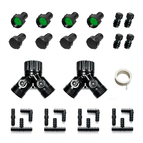 1/2 Soaker Hose Fittings Kit 26 Pcs Garden Hose Irrigation Connectors with Two-Way Valve Tees Elbows Couplings End Cap Plugs Male & Female Connectors Drip System Parts for Garden Lawn