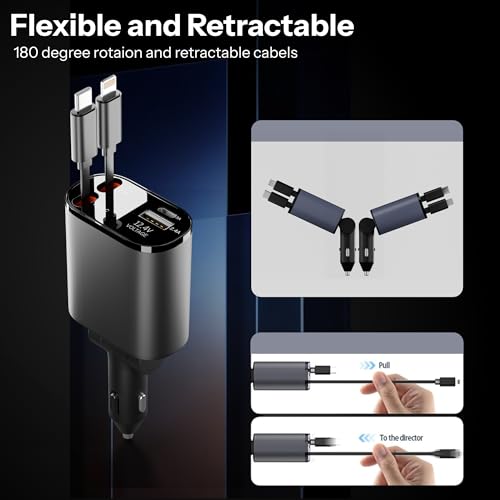 Image of AILKIN 120W 4 in 1 Retractable Car Charger,Fast Car Phone Charger,Retractable Cables & 2 USB Ports Car Adapter for Android Phones & iPhone 17 /16 /15 /14 /13 /12 /11 Pro Max,Xr,Ipad,Dash Cam & Other Devices
