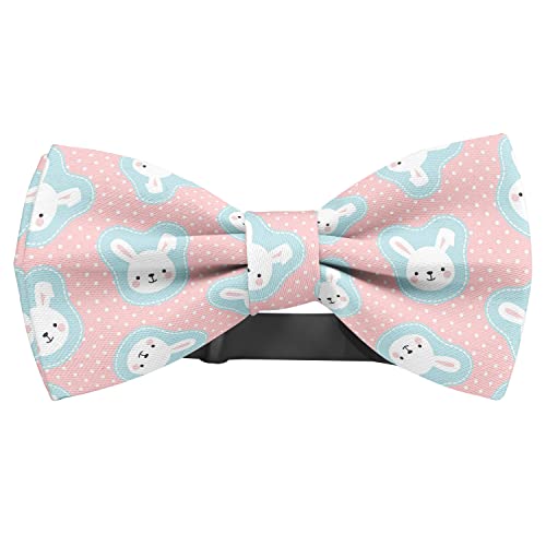 KAWAMOUSE Adjustable Pre-tied bow tie for toddler Boys (Cute White Bunny Rabbit Pattern) Elegant Cute Bowties for Dogs Cats Pets