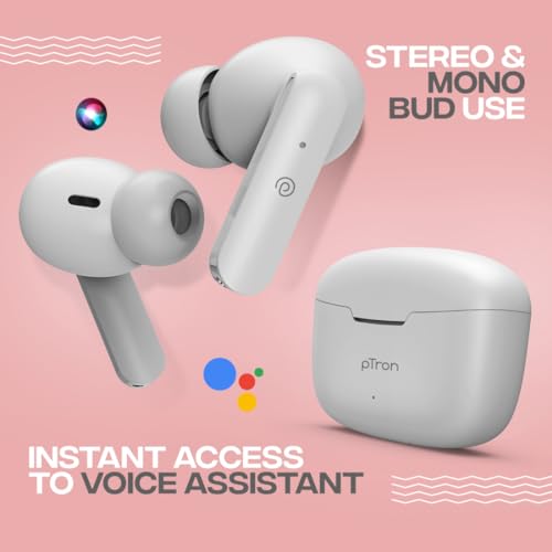 Image of pTron Bassbuds Duo in Ear Earbuds with 32Hrs Total Playtime, Bluetooth 5.1 Wireless Headphones, Stereo Audio, Touch Control TWS, with Mic, Type-C Fast Charging, IPX4 & Voice Assistance (White)