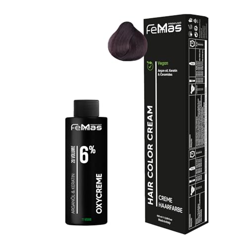 Femmas Set de tinte de pelo rubio oscuro caoba 6,5 I Hair Color Cream 100 ml + crema de óxido 100 ml 6% I coloración permanente del cabello + desarrollador I Suave y duradero I Tinte de pelo de salón