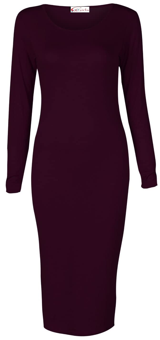 Crazy Girls Girls Purple Crazy Womens Plain Long Sleeve Scoop Neck Stretch Bodycon Maxi Midi Dress (Xl-Uk16-18, )