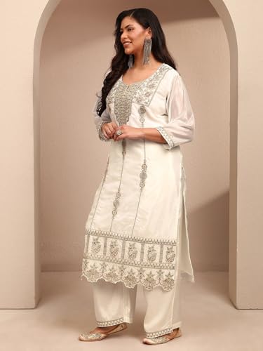 Image of Plus Size Embroidered Organza Straight Kurta With Trouser and Dupatta