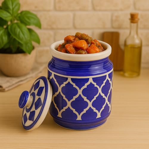 Image of Ceramic Jars (1000 ML) - Handcrafted Multipurpose Barni with Lid for Pickle, Chutney, Spices, Salt, Sugar - Kitchen Storage Containers, Blue