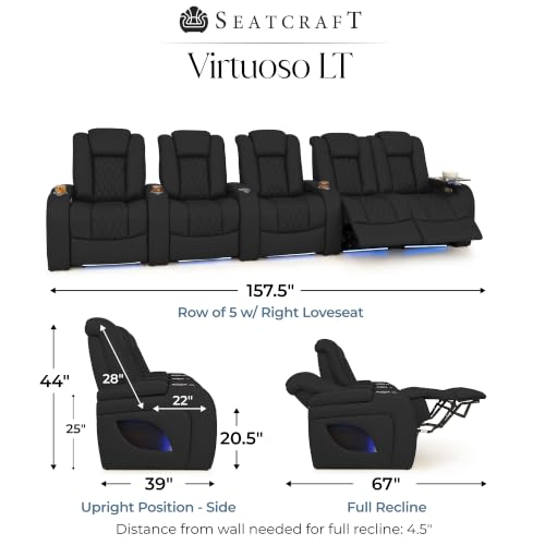 Image of Seatcraft Virtuoso LT Black Italian Leather Home Theater Seating, Zero Gravity Power Recliner, Heat and Massage, Powered Headrest and Lumbar Gaming and Home Office Chair, Row of 5 Right Loveseats