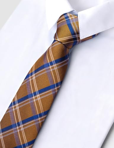 Image of Barry.Wang Plaid Ties Mens Silk Necktie and Tie Clip Checkered Tie for Wedding Party Business Formal