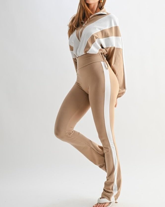 Women's 80s Color Block Tracksuit 2 Piece Outfit Zip Up Crop Jacket and Bodycon Pants Set Long Sleeve Sweatsuit - Image 5