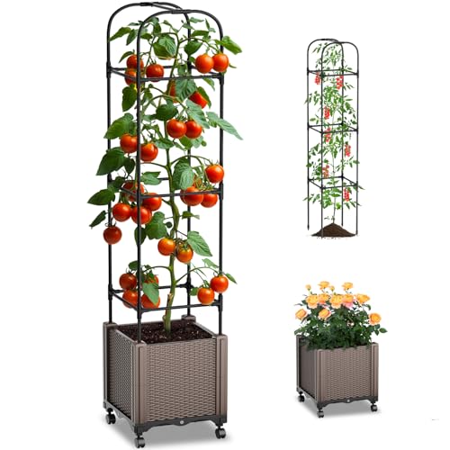 SUNYRISY Hochbeet mit Tomaten Rankhilfe, Blumenkasten mit Rankgitter und Rollenrad, Selbstbewässerung Pflanzkasten Pflanzkübel mit Garten Obelisk für Anbau Kletterpflanzen Tomate Gurken Rosen