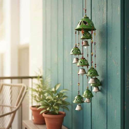 Image of Bindian Rajasthani Handcrafted 8-Bell Hanging Windchimes | Traditional Plastic Latkan for Home Decor, Vastu & Positive Energy | Elegant Wall Hanging for Balcony, Living Room (Green-2)